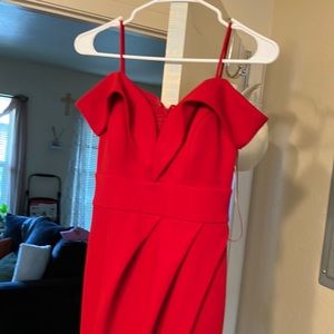 Long red dres delicate drop down sleeves